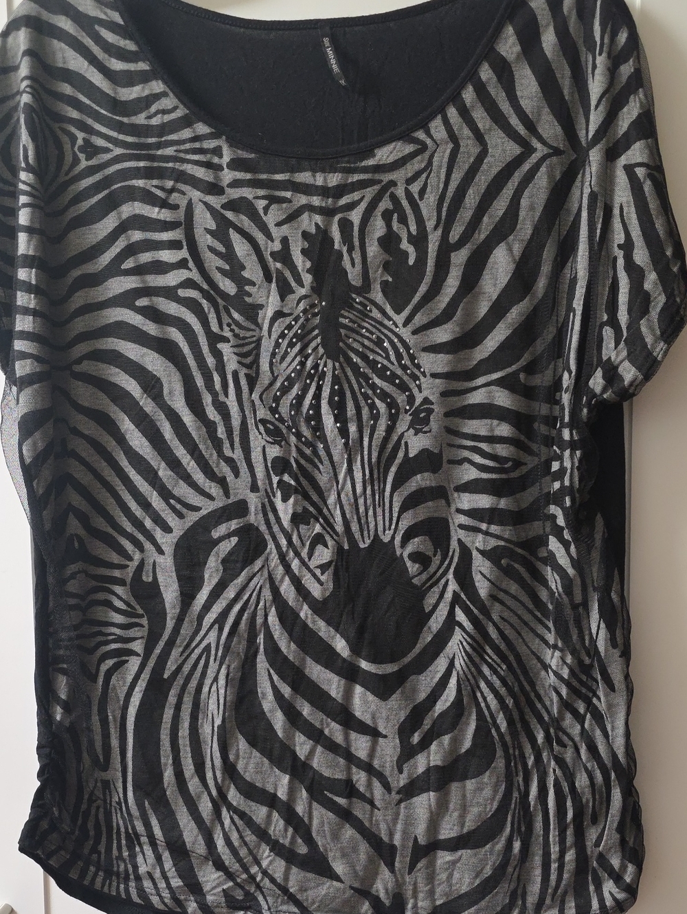 Skinny Minnie Black and Gray Zebra Print Short Sleeve Top Mesh Overlay 1X